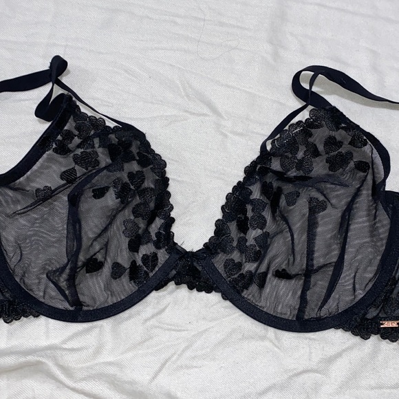 NEW Love Vera Embroidered Heart Unlined Plunge Bra Mesh Sheer Black 34DDD NWT - Picture 4 of 5